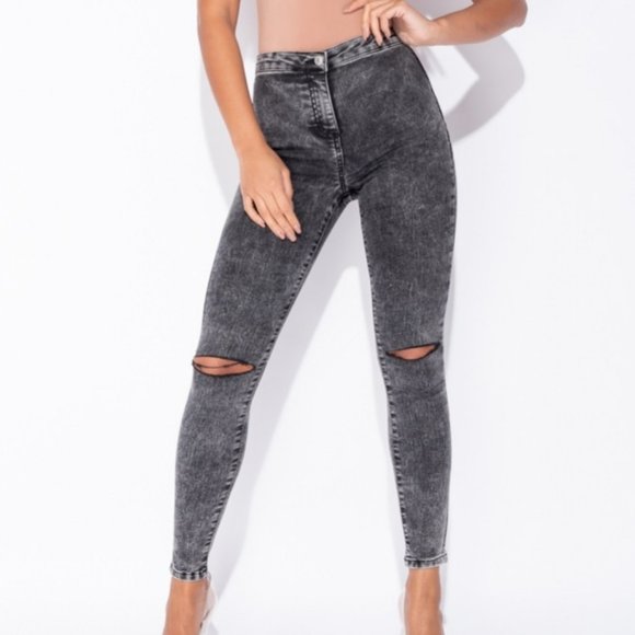 Pants - Gray Acid Wash High Waist Ripped Distressed Skinny Denim Jeggings Pants